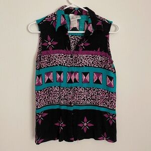Women's Kathie Lee Vintage Button Up Vest Blouse Turquoise Size Medium